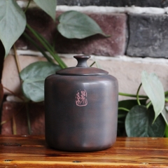 建水紫陶古铜色哑光刻填素色小茶叶罐 全手工正品